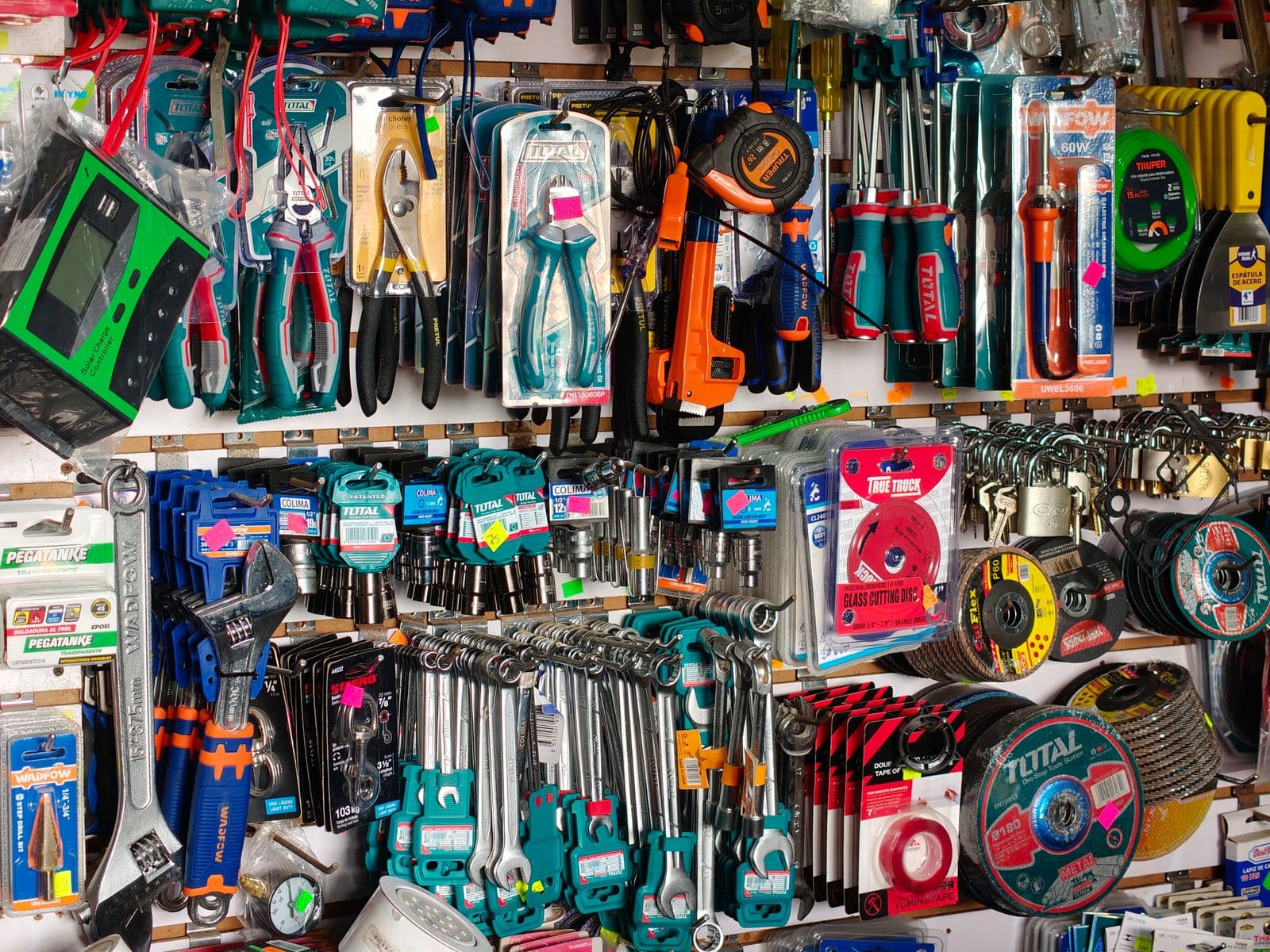 Wall of tools displayed in a hardware store